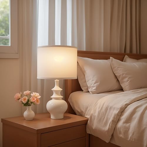 Miniatura 8 de Juego de 2 lámparas de mesa modernas de cerámica de 20 pulgadas, lámparas blancas para dormitorio para mesitas de noche, lámparas de mesita de noche