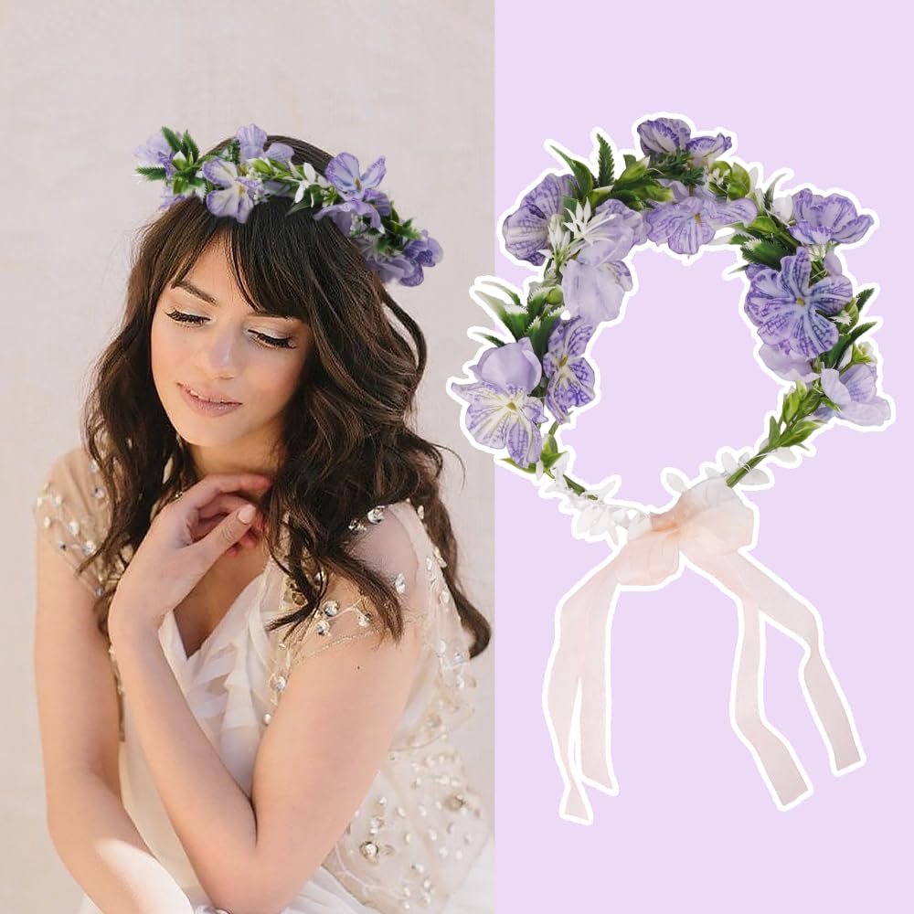 AHONEY Purple Flower Crown for Women Girls Floral Headband Rapunzel Hair Flowers Fairy Flower Girl Headpiece Wedding Wreath Hair Accessories - Image 2