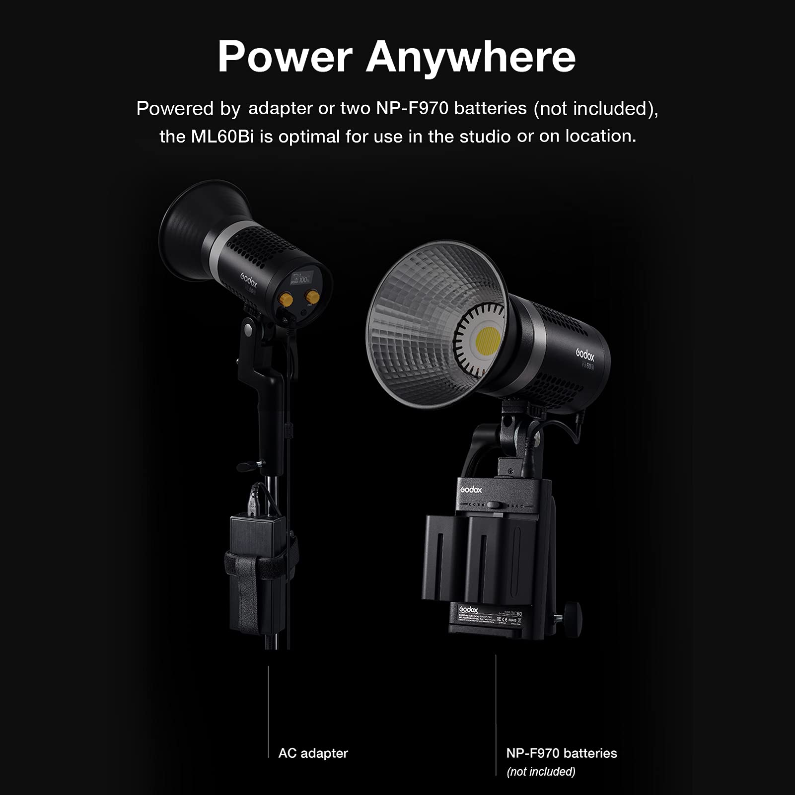 Godox ML60Bi LED-Videolicht – 60W, Duale Farbtemperatur 2800-6500K, CRI96, Mit App-Steuerung, Griff & Tragetasche
