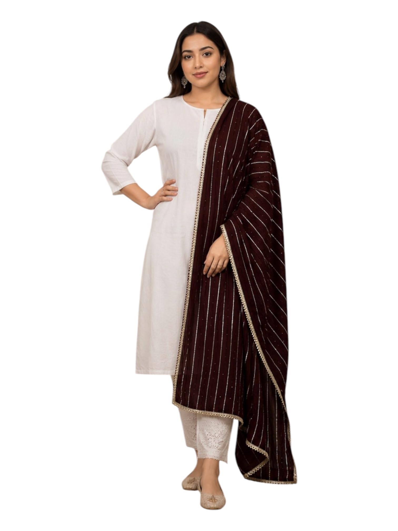 WOMEN'S SEQUENCE EMBROIDERED ZARI LINES SOFT CHANDERI SILK 2.25 METER DUPATTA WITH 4 SIDE GOLDEN GOTA LACE-image-46