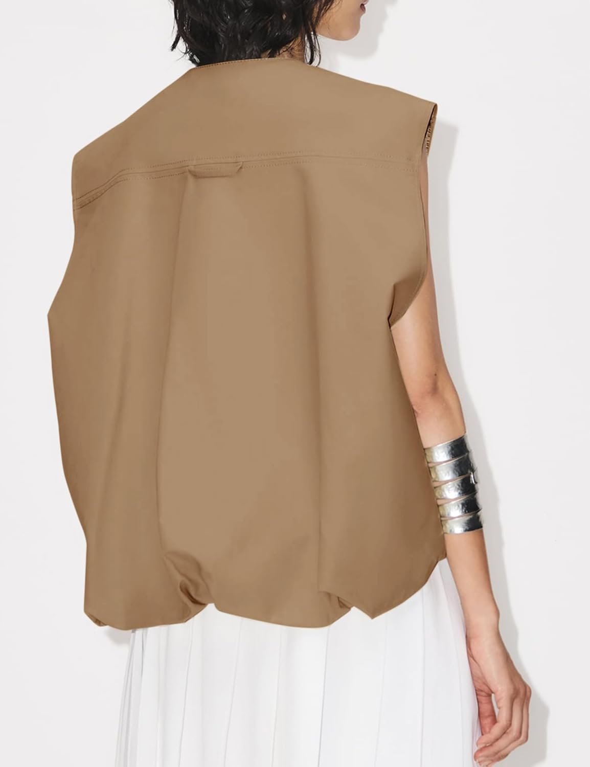 Womens Casual Zip Up Cargo Vest Top Oversized Lightweight Ruched Hem Sleeveless Blazer Jackets Vest Tops - Image 2