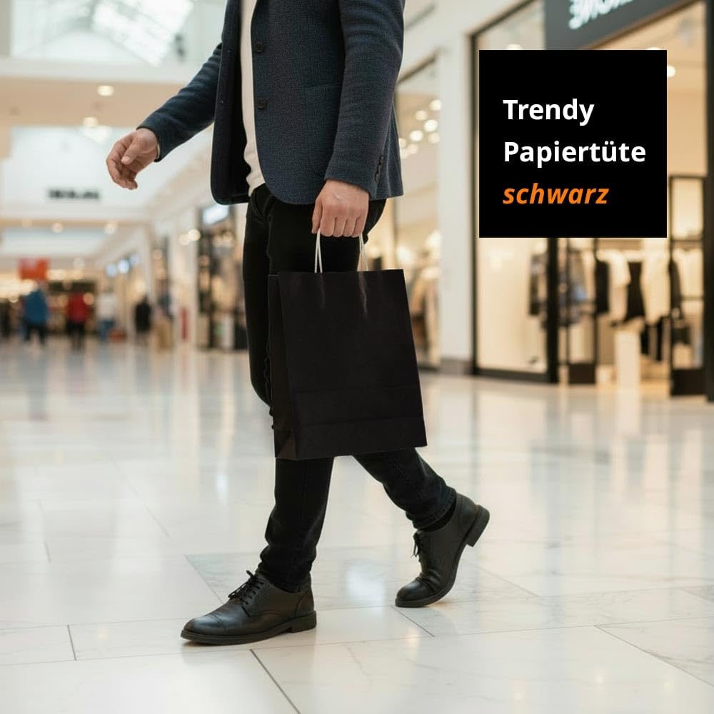 Papiertüten schwarz mit Kordel-Henkel I 300 Stk. 22+10x28cm I Papiertragetasche für Einzelhandel, Weihnachten, Mitbringsel, TO-GO I Geschenktüten aus Kraftpapier I HUTNER