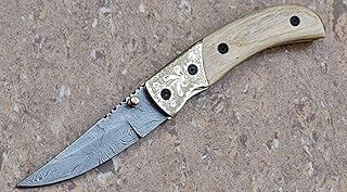 SMART & SHARP Damascus Steel Folding Knife/Pocket Knife AA-12140 Liner Lock (Beige Wood)