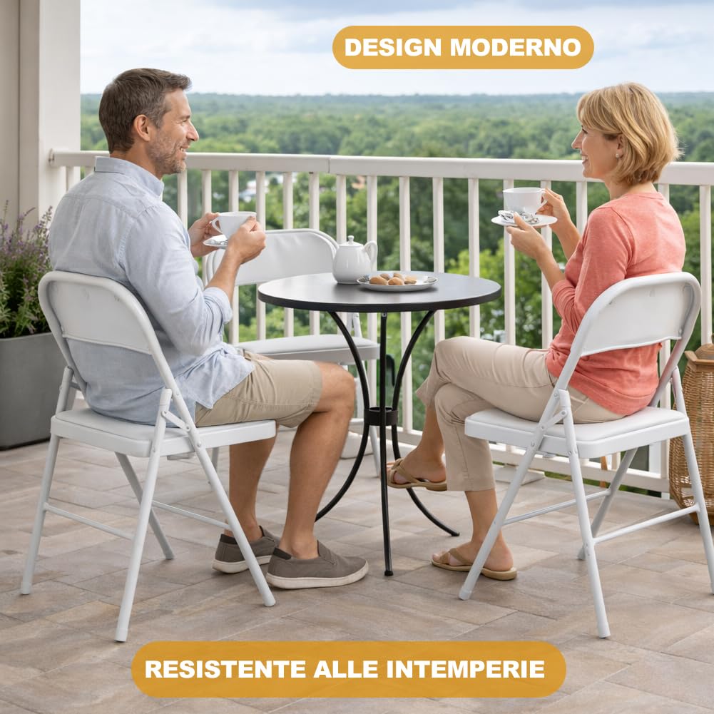 Shally Dogan Set 4 Sedie Pieghevoli con Struttura in Metallo e Seduta in Ecopelle Ergonomica ed Imbottita, Sedia Multiuso da Esterno ed Interno, Ideale per Bar, Ristoranti, Casa, Giardino (Bianco)
