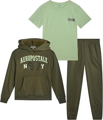 طقم سويت شيرت AEROPOSTALE للأولاد - هودي رياضي من الصوف الناعم مكون من 3 قطع، تي شيرت برسومات وبنطلون رياضي للأولاد بمقاسات من 8 إلى 12