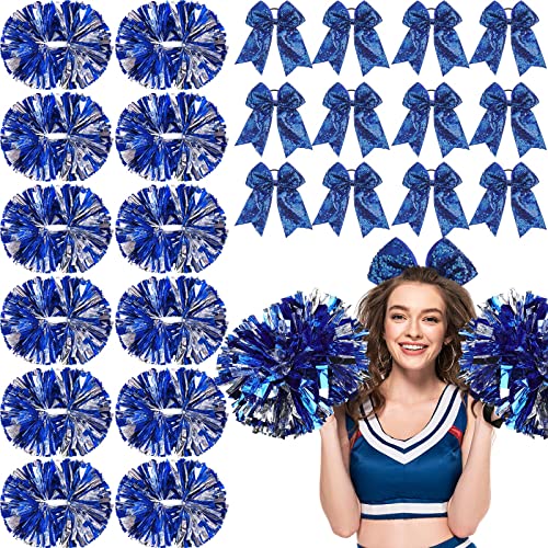 Hoteam 12 Sets 14 Inch Cheerleading Pom Poms And Large Glitter Cheer Hair Bows For Girl, Metallic Cheerleader Pom Poms With Baton Handle For Sporting Events Softball Dance Cheer (Blue, Silver) #TOP5