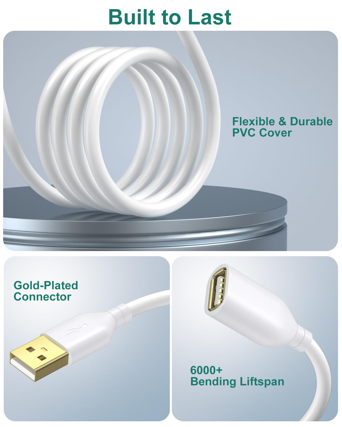 Cable alargador USB de 3 m, extralargo, tipo A macho a hembra, USB 2.0, cable de extensión USB A de carga y transferencia de datos para teclado, ratón, impresora, unidad flash, disco duro