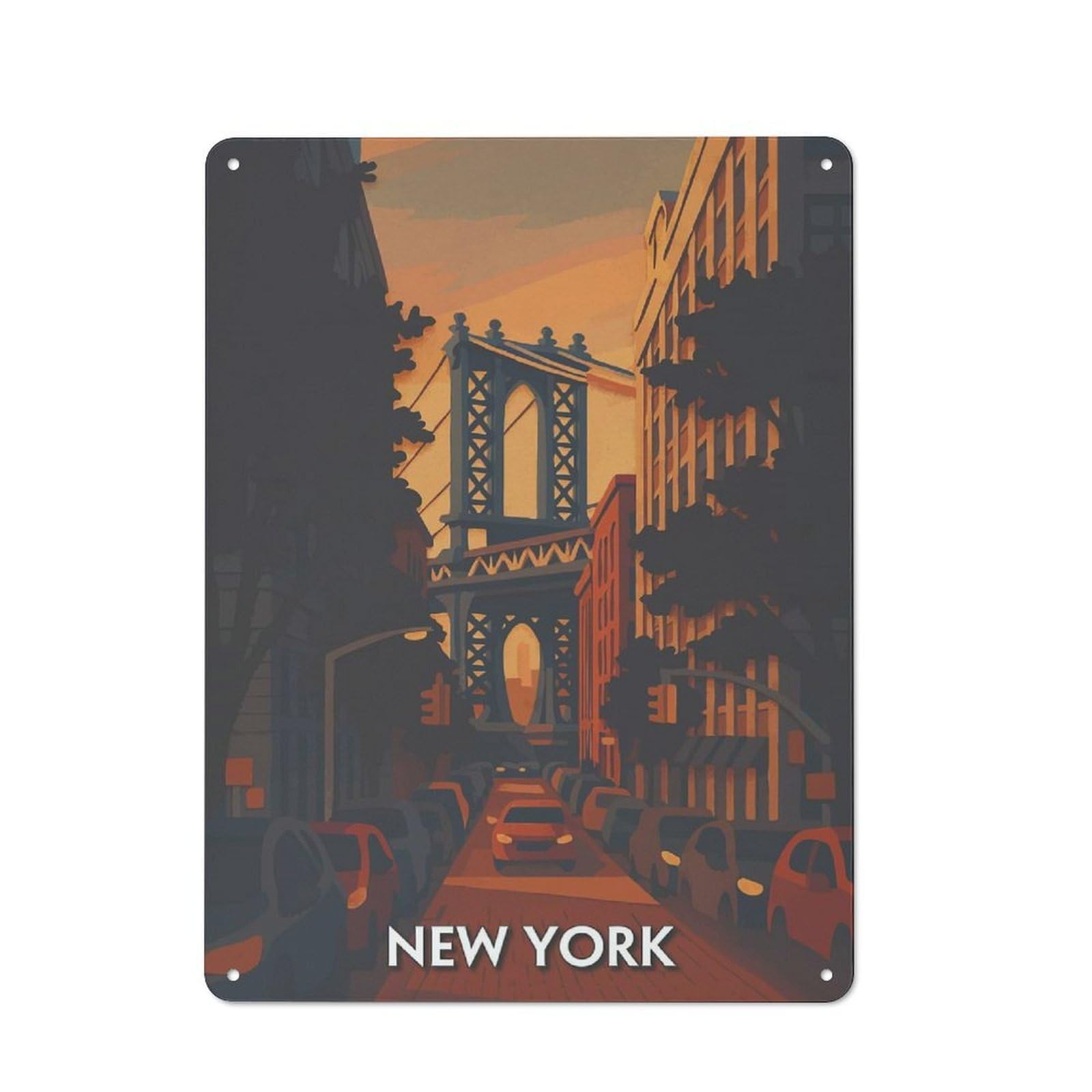 Junmoney Style-4 Metal Plaque With New York Cityscape With Manhattan Bridge Design 40X30cm, Rustic Cafe Wall Decor For Restaurant, Kitchen, Counter Or Breakfast Nook