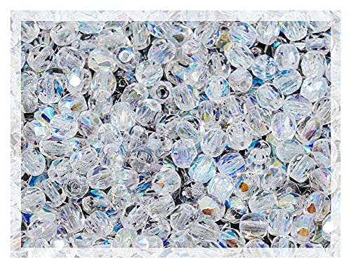1.8 oz (50g, Approx. 600pcs) of Faceted Fire Polished Pressed Czech Glass Beads 4mm (0.16in), Crystal AB 00030-28701 BCV