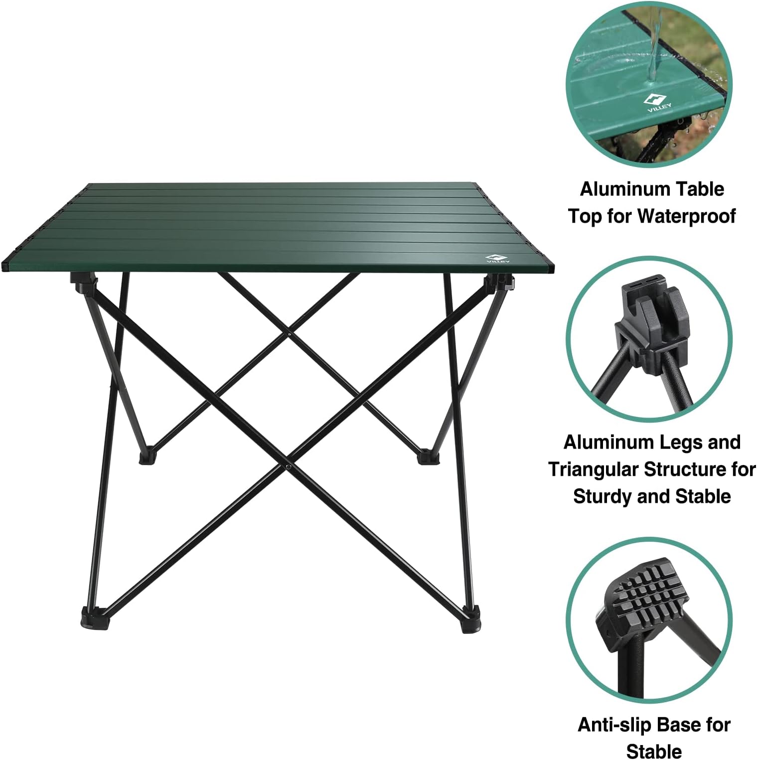 VILLEY Portable Camping Side Table, Ultralight Aluminum Folding Beach Table with Carry Bag for Outdoor Cooking, Picnic, Camp, Boat, Travel - Green