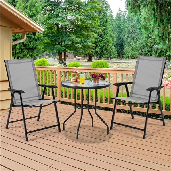 Yaheetech Ensemble de Bistrot Lot de 2 Chaises de Jardin Pliantes et Table de Jardin Ronde en Verre avec Trou pour Parasol et Plateau en Verre Salon de Jardin
