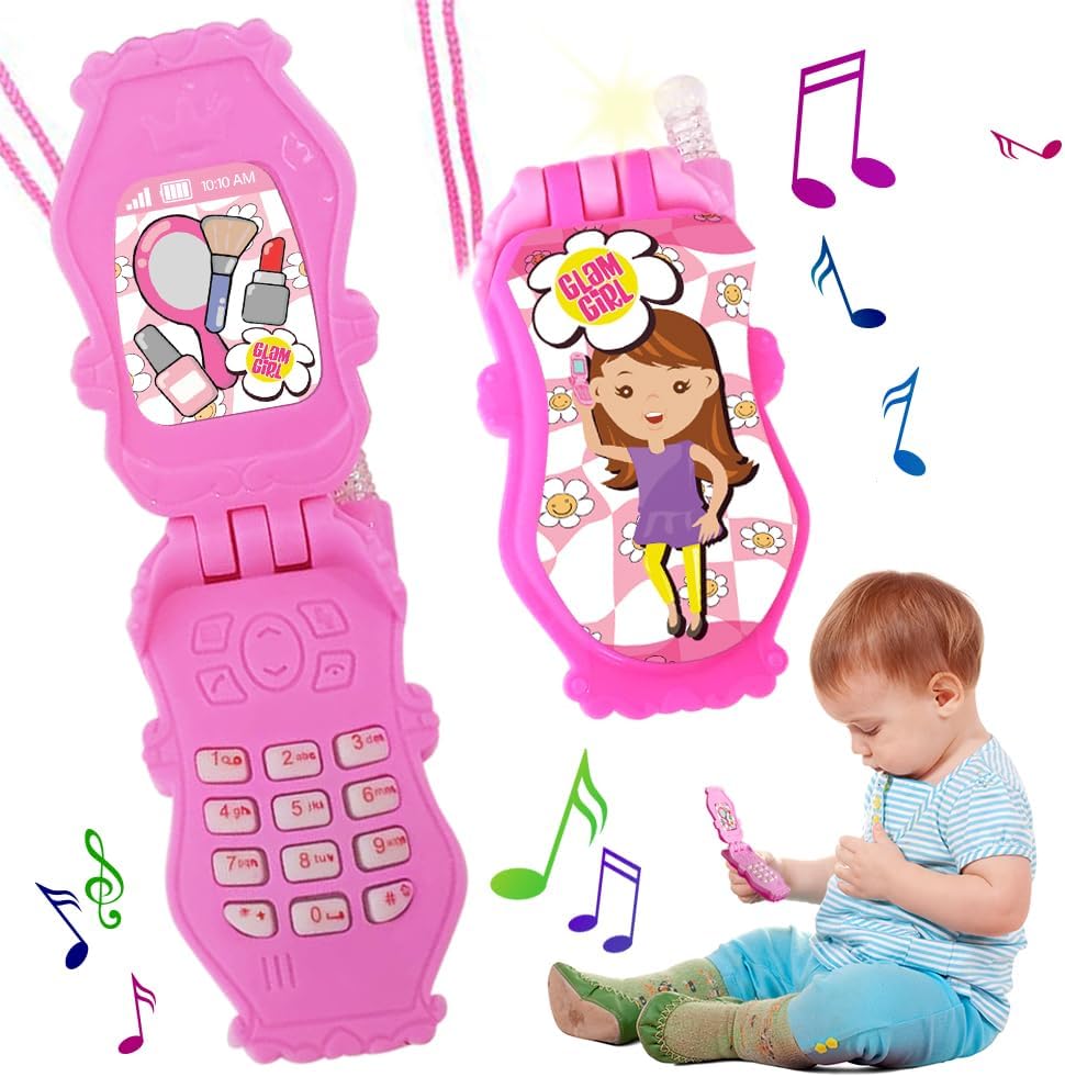 Pretend Play Flip Cell Phones for Kids, Toddlers - 6 Pack, Cellphone Toy with Songs, Ringtones, Funny Messages and LEDs, Birthday Party Favors and Gifts for Girls - Pink and White