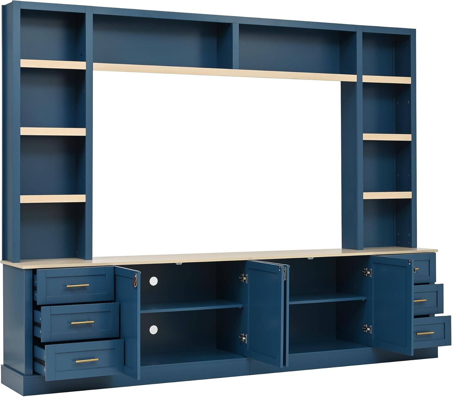 Merax 102.3 Inch Wide Farmhouse Entertainment Center, Rustic TV Stand with 6 Drawers & Adjustable Shelves, Large Media Console for TVs up to 75", Modern Bookshelves Wall Unit, Blue