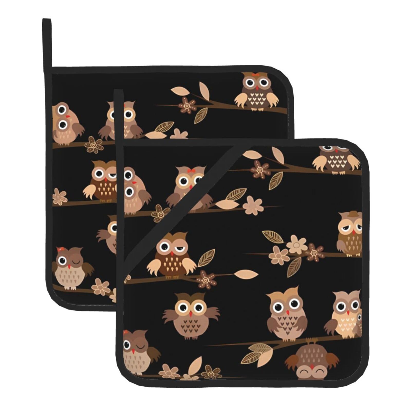 WHJSSF Cute Brown Cartoon Owls Prints Square Pot Holders - Heat Resistant Kitchen Trivets 2-Pack - Waterproof Covers for Hot Dishes, Oven & Grill with Hanging Loop