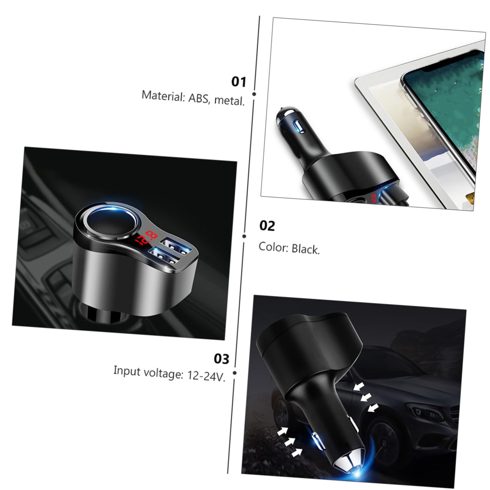Angoily Caricabatterie Rapido per Auto Doppie Porte USB Dispositivo di Ricarica Intelligente Display LED Digitale Facile da Leggere Costruzione in Metallo Resistente all Usura