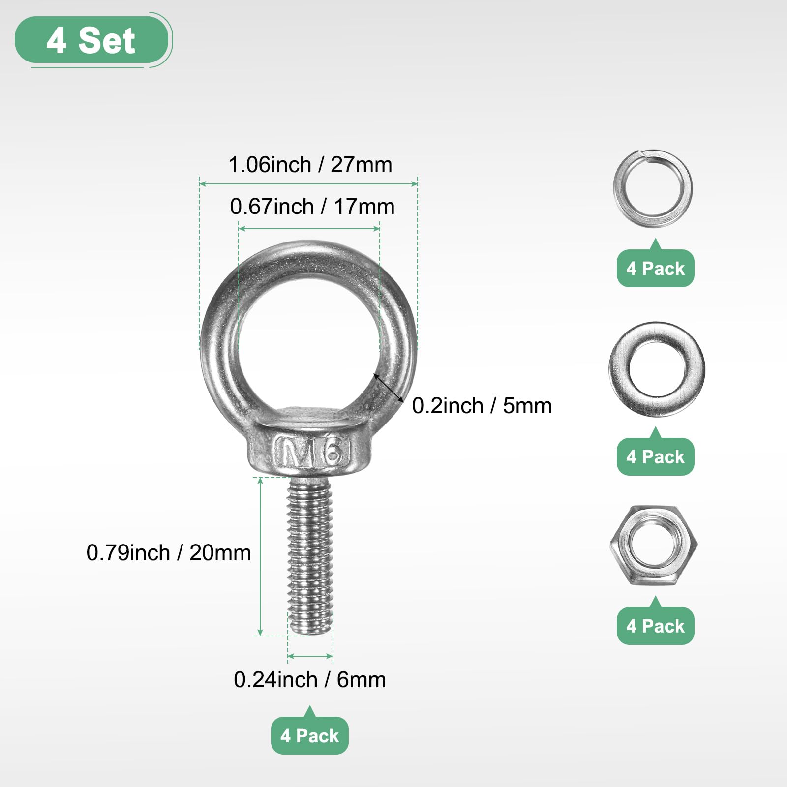 M METERXITY 4-Sets Stainless Eyebolt M6x20mm Shoulder Lifting Eye Bolt with Nuts Washers Male Screw Thread Ring Shoulder Eye Bolts Length 0.79 Inch for Suspending/Fastening - Image 3