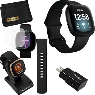 Fitbit Versa 3 Health & Fitness Tracker Smart Watch (Black) with Built-in GPS, Alexa, 24/7 Heart Rate, S & L Bands, Bundle with Charge Dock, Wall Adapter, Screen Protectors & PremGear Cloth