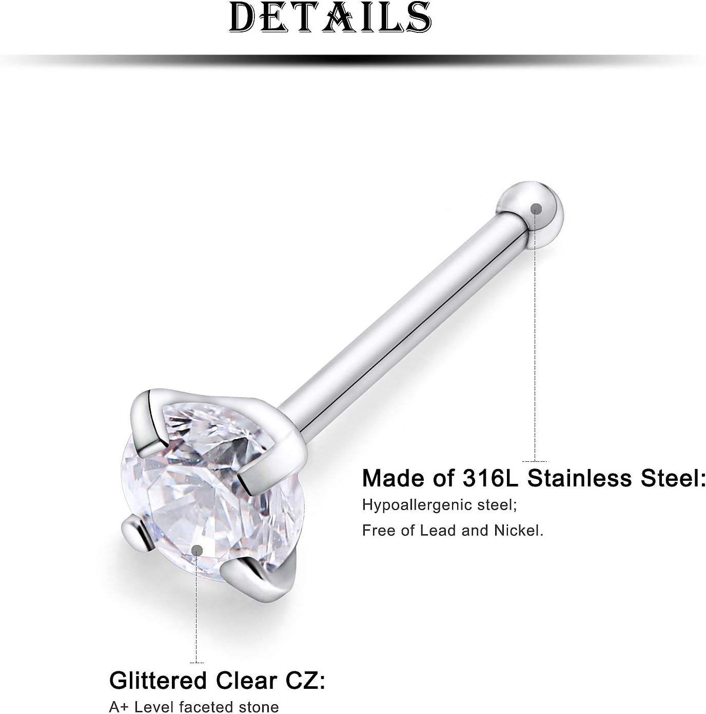 Kridzisw 18 Pcs 18G 20G 22G Nose Rings Studs Surgical Steel Nose Nostril CZ Inlaid 2MM Piercing Jewelry for Women Men - Image 2