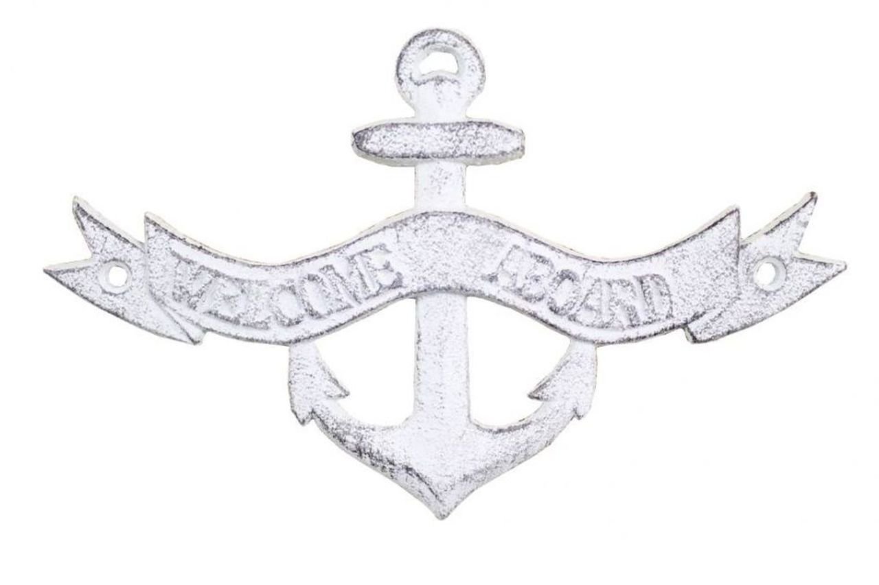 Hampton NauticalWhitewashed Welcome Aboard Sign 8" Metal Wall Art-Cast Iron Nautical Decor