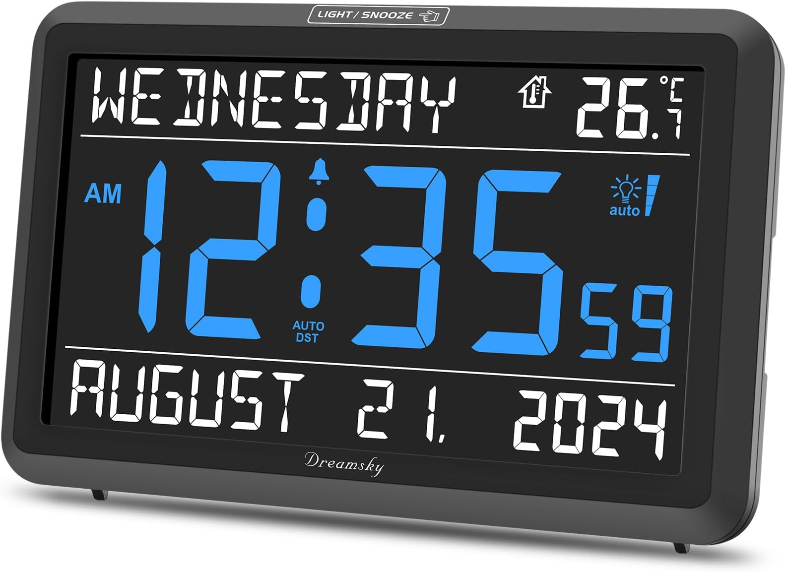 Large Digital Clock with Date and Day of Week - Electric Desk Clock for Seniors Elderly, Bedroom Alarm Clock with Battery Backup, Dimmer, USB Port, Auto DST, Temperature, Adjustable Volume