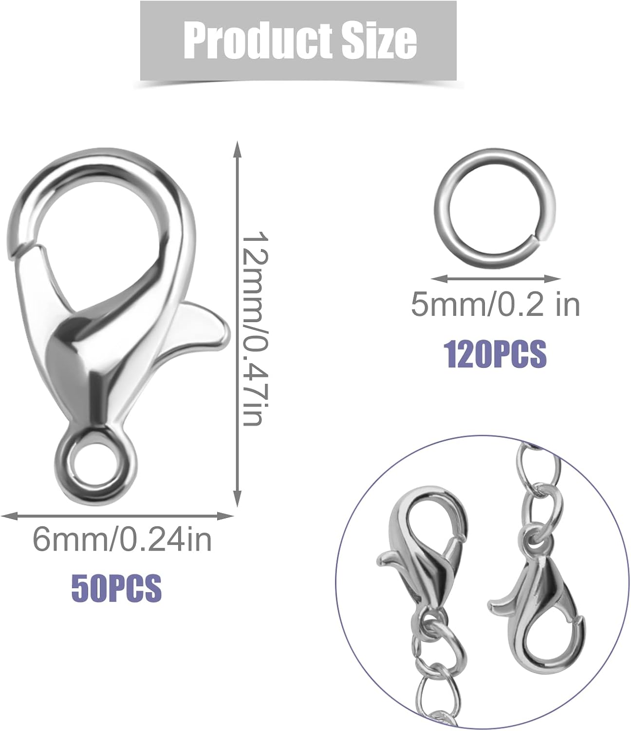 KINBOM 50pcs Silver Lobster Clasp and 120pcs Open Jump Ring - Image 3