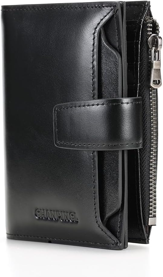 mens buckle, zipper, leather wallet, detachable card, large capacity, multi-functional coin pocket (Oil wax black)