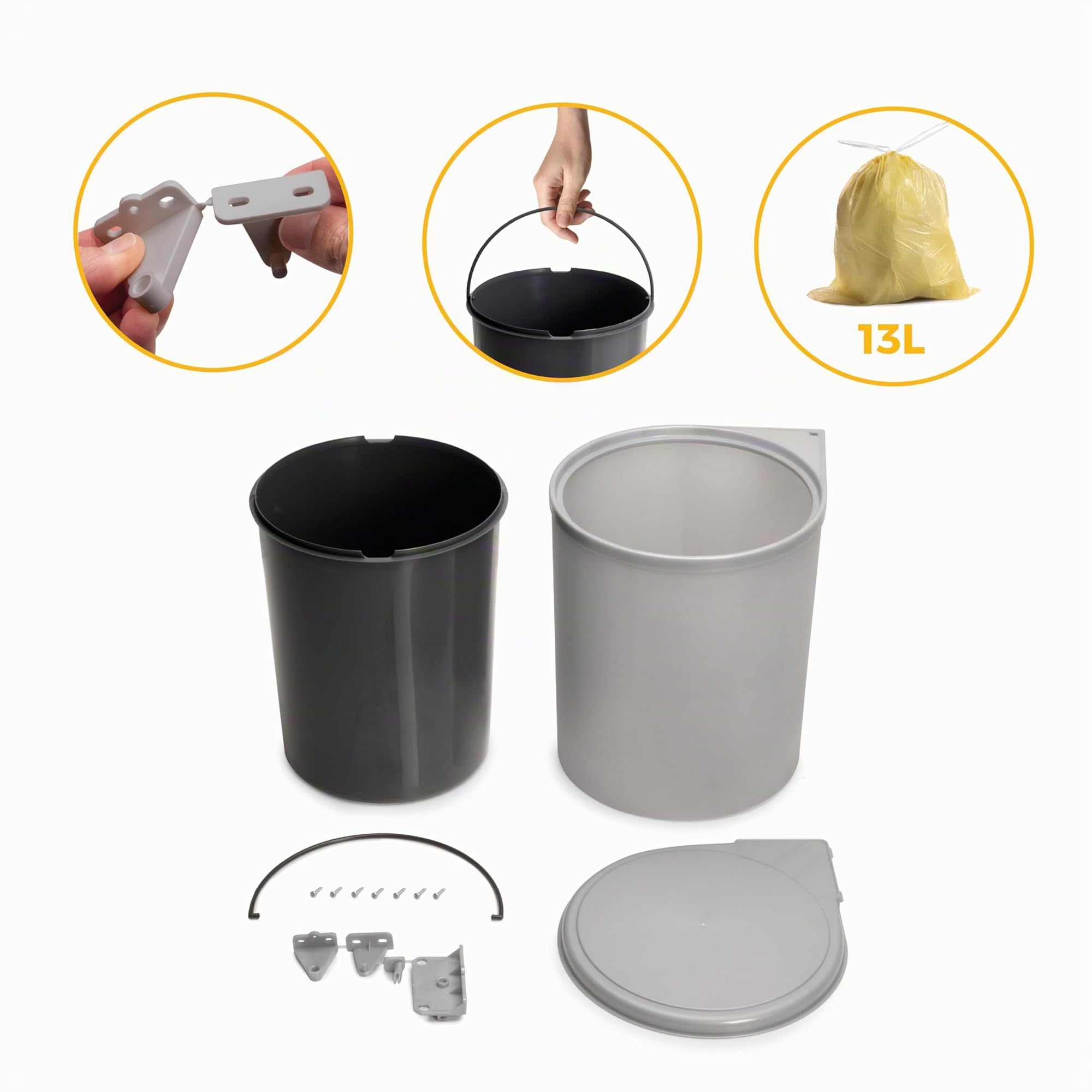 Emuca - Pattumiera per Porta di Mobile, Contenitore di Riciclaggio, Contenitore di 13 L con Coperchio di Apertura Automatica e fissagio a l'anta, Plastica, Grigia.