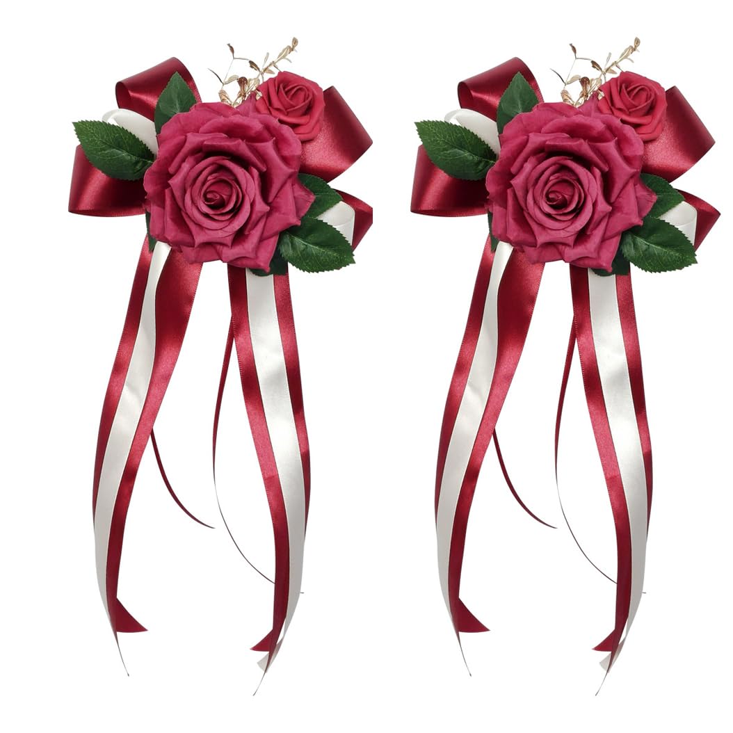 Hochzeitsauto Dekoration Künstliche Blumen Hochzeit Auto Rückspiegel Türgriff Schleifen Bnad Hochzeitschleifen Autoschleifen Autoschmuck mit Saugnäpfen Burgunderrot 12 Stück