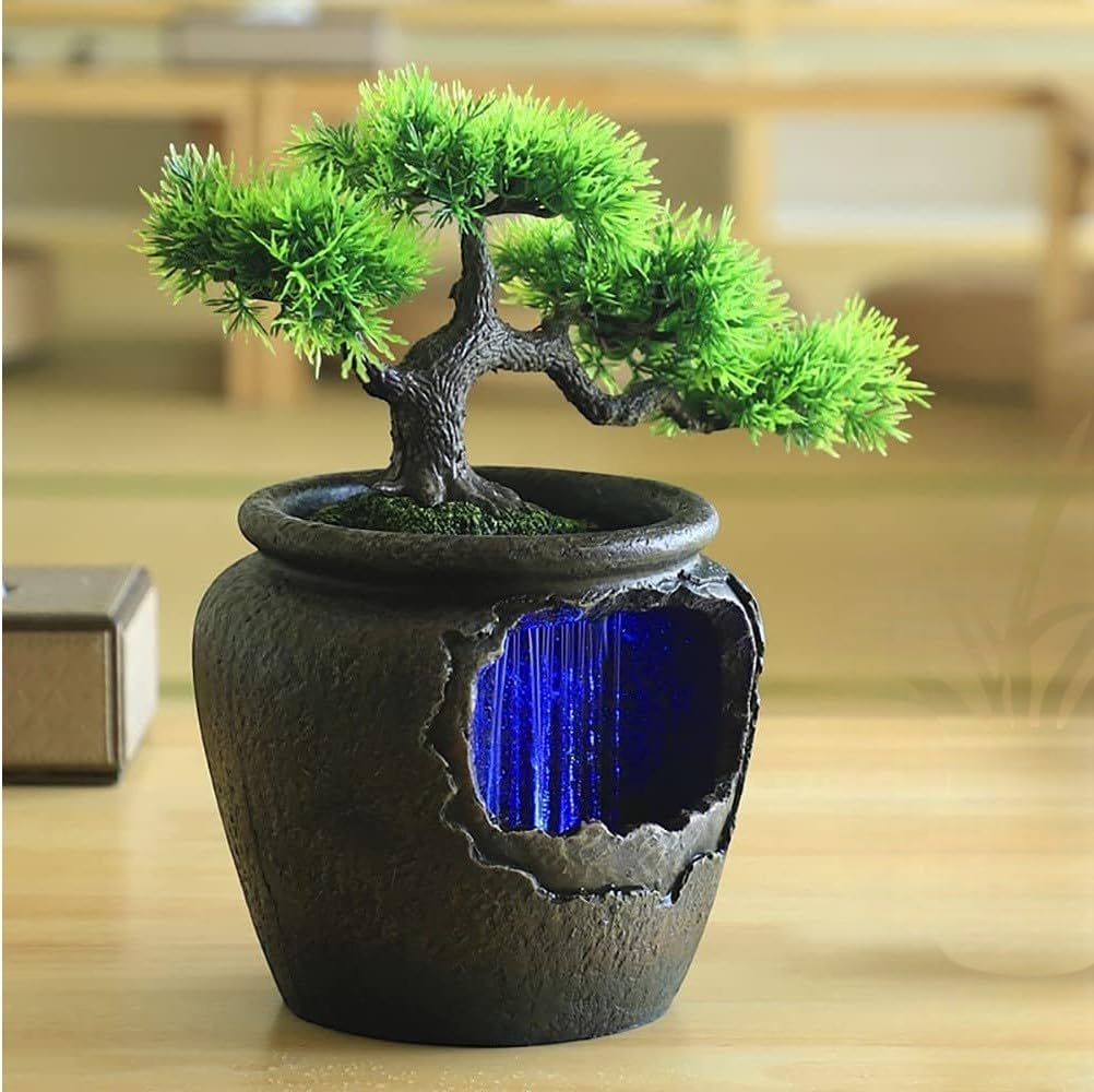 Seven Moon Tabletop Water Fountain Bonsai Flower Pot Design Home Decor Ornaments for The Living Room Office Desktop Waterfall Natural River Sound Providing Indoor Zen and Relaxation 7MWF06