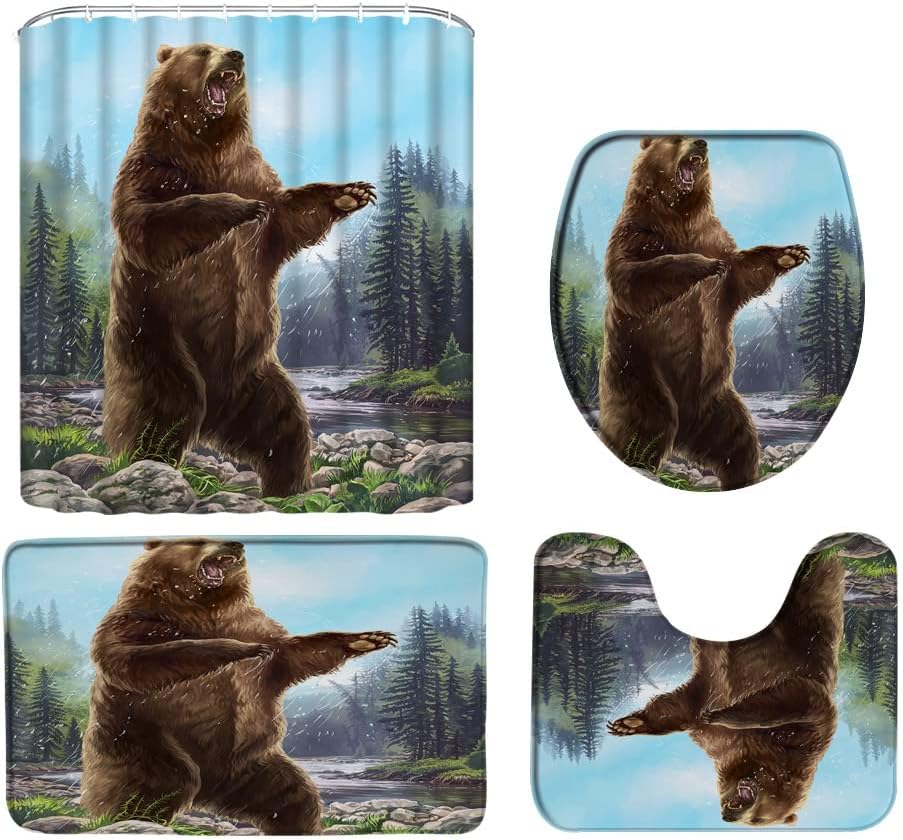 4pcs Bear Shower Curtain Set with Rug Black Bear Animal Wildlife Fog Forest Mountain Lake Natural Rustic Camping Cabin Kids Boy Bathroom Set with Hooks(Bath Mat,U Shape and Toilet Lid Cover Mat)