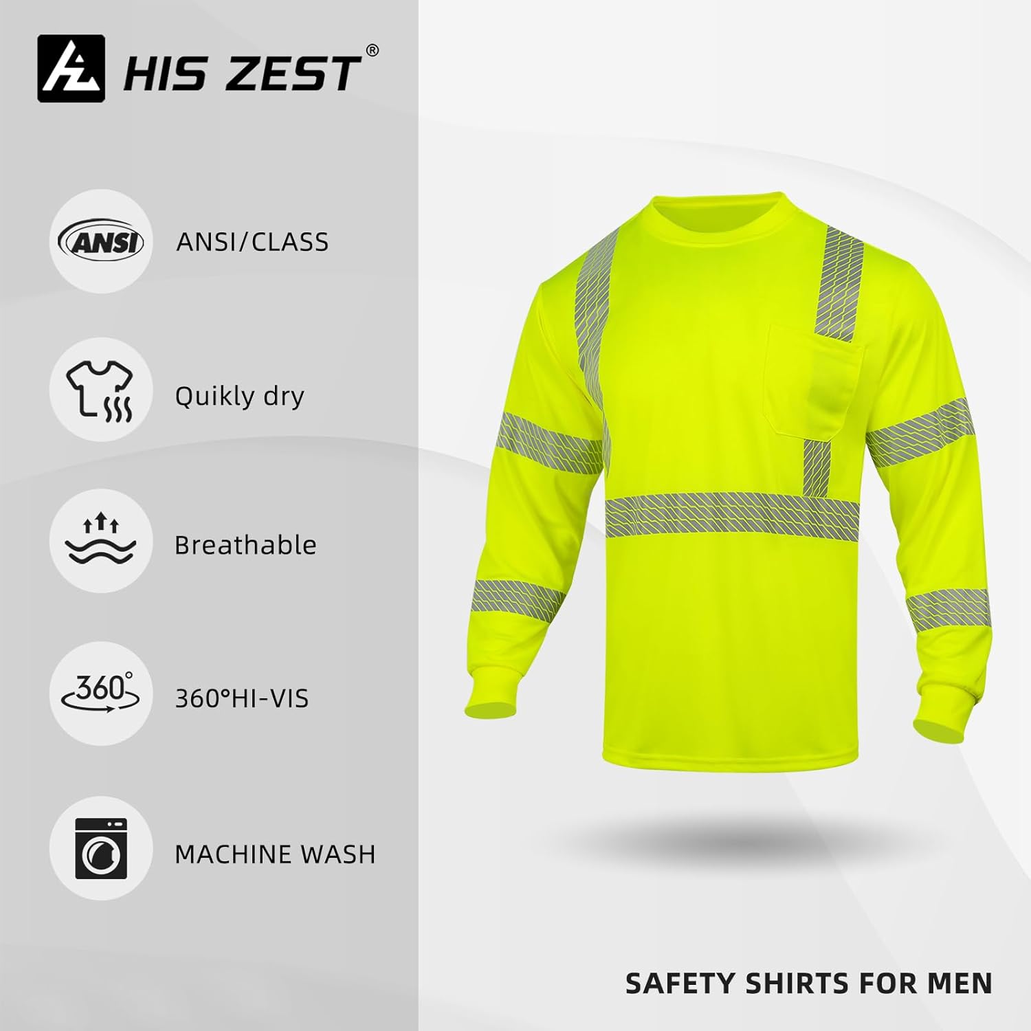 3pcs Hi Vis Safety Reflective Shirts Class 3 High Visibility Construction Breathable Long Sleeve Work Shirts for Men - Image 5