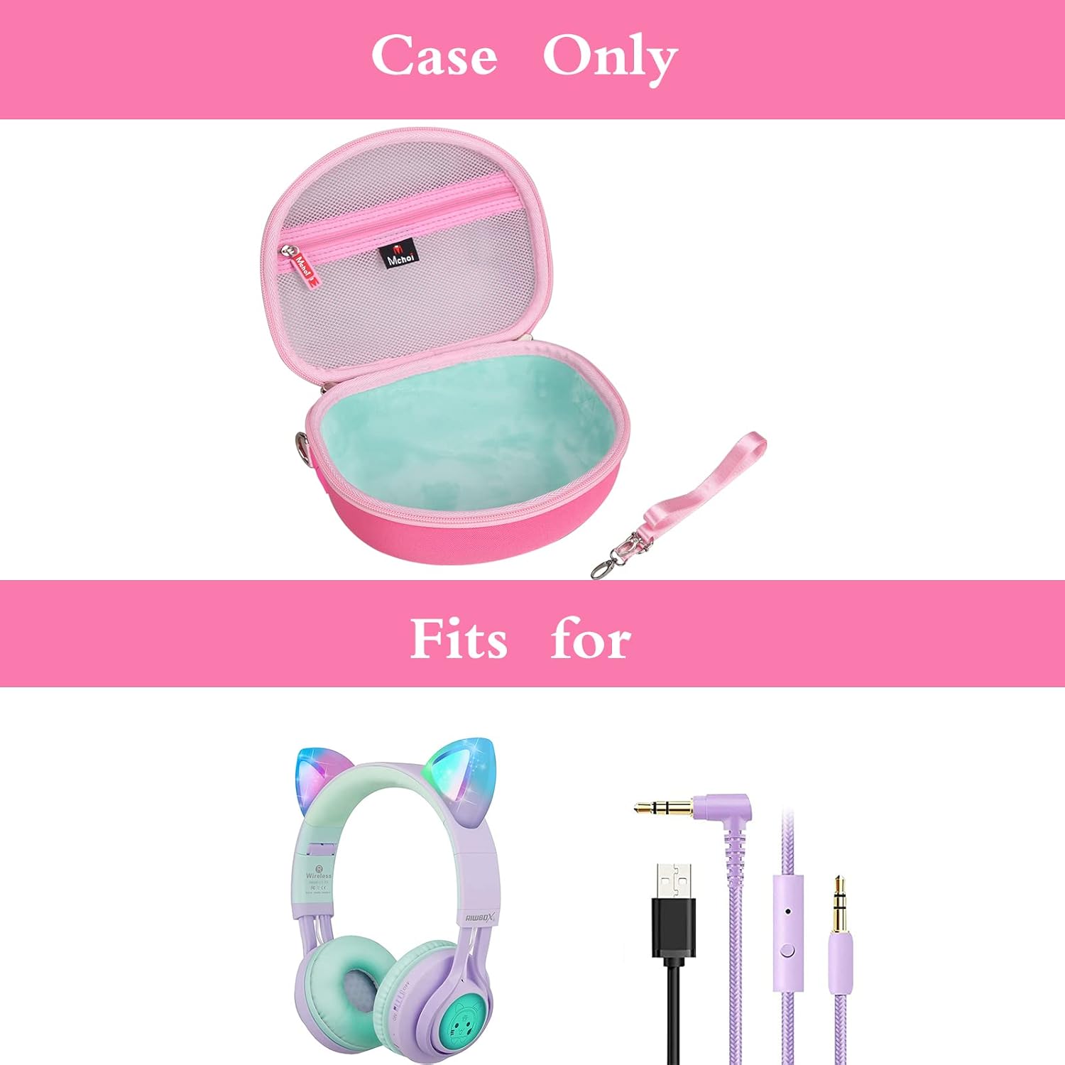 Mchoi Hard Carrying Case Suitable for Riwbox CT-7 Pink/for Jack CT-7S Cat Green 3.5mm/ for iClever IC-HS01 Bluetooth Wireless Over-Ear Headphones Headset for Kids Travel Protective Case, Case Only - Image 7