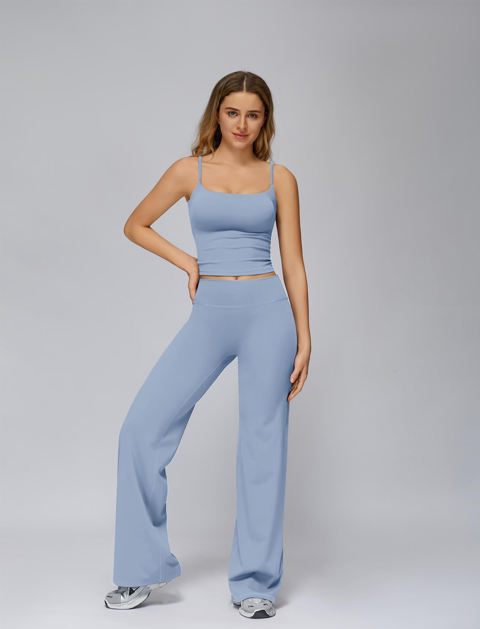 ABOCIW Womens Workout Sets 2 Piece Spaghetti Straps Crop Top Straight Leg Yoga Pants Yoga Pilates Outfits: Wide Leg Blue Medium