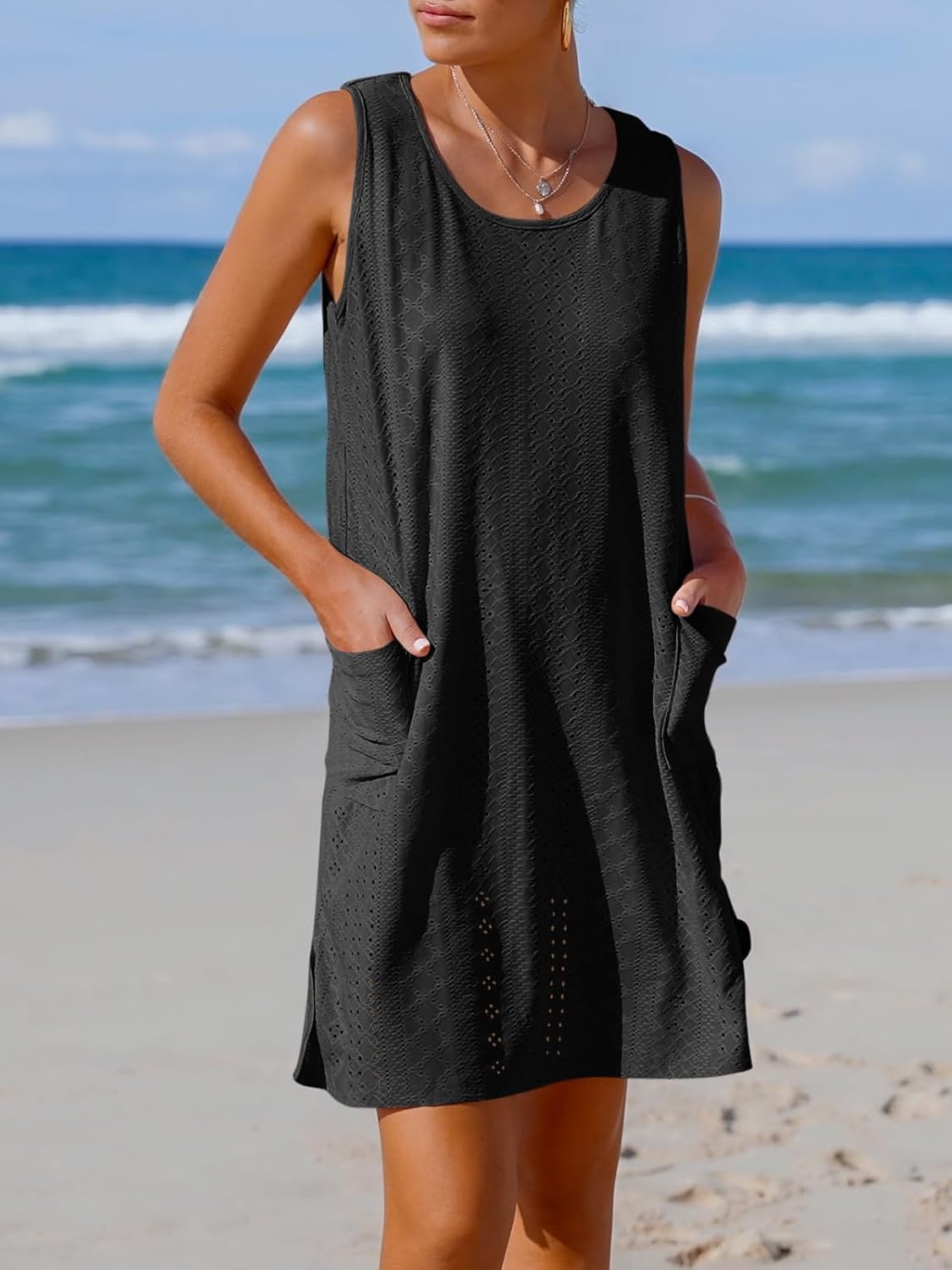 Imily Bela Womens Summer Dresses Casual Beach Tank Eyelet Sleeveless Sundresses 2025 Loose Swimsuit Coverup with Pockets - Image 3