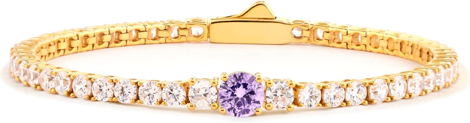 STORYJEWELLERY Tennis Bracelets for Women, Handmade Birthstone Bracelets, Gold Plated Cubic Zirconia Bracelet, Lab-Grown Birthstone Jewelry