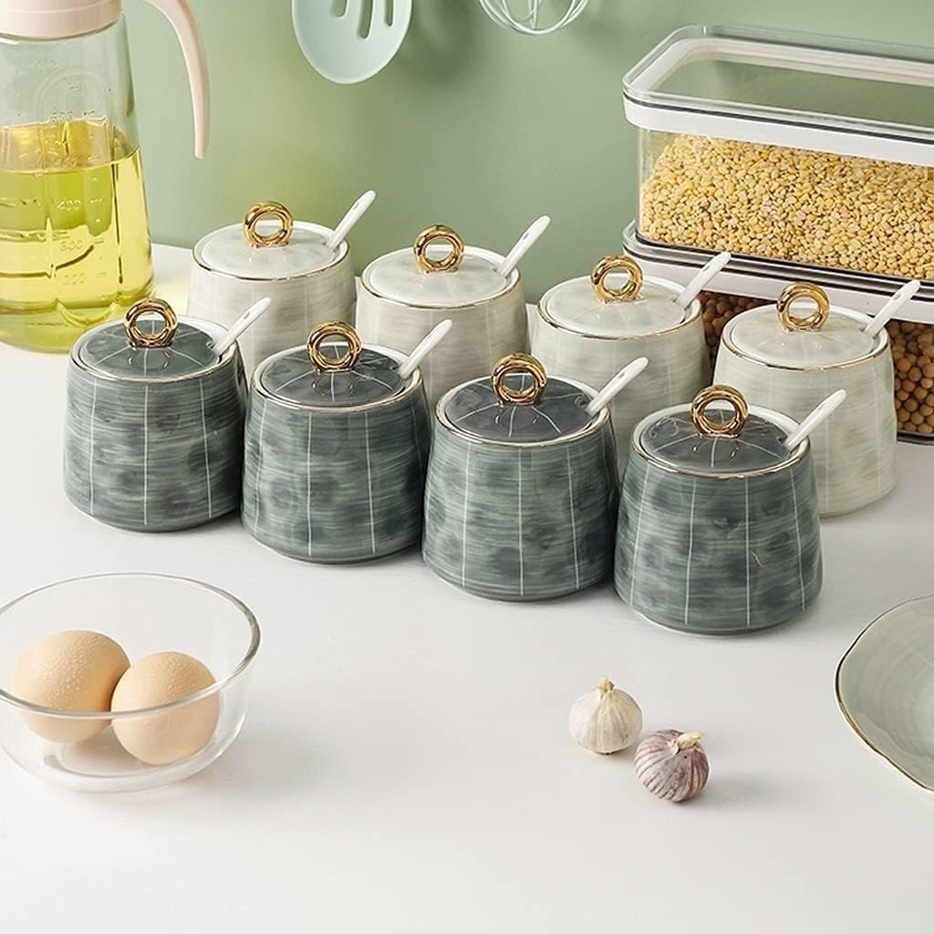 Salt and Sugar Container Sets Ceramics Condiment Container Set 280ml Seasoning Pot with Lids and Spoons Home Nordic Luxury Seasoning Box Set Kitchen Counter,A-4pcs