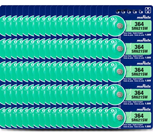 Image of Murata 364 Battery SR621SW 1.55V Silver Oxide Watch Button Cell (100 Batteries)