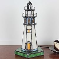 Vista 2 de Bieye L10221 Lighthouse 10 inch Tiffany Style Stained Glass Accent Table Lamp, Night Light