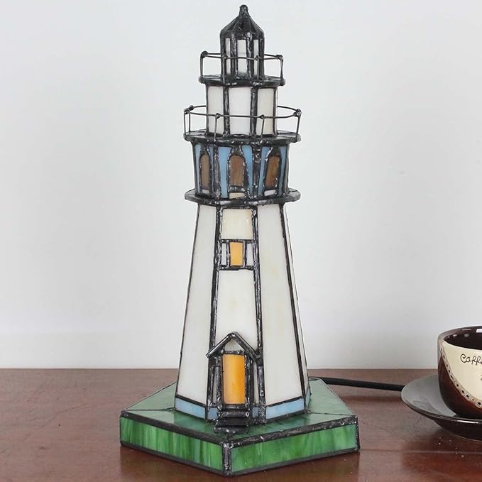 Bieye Bieye L10221 Lighthouse 10 inch Tiffany Style Stained Glass Accent Table Lamp, Night Light photo 2