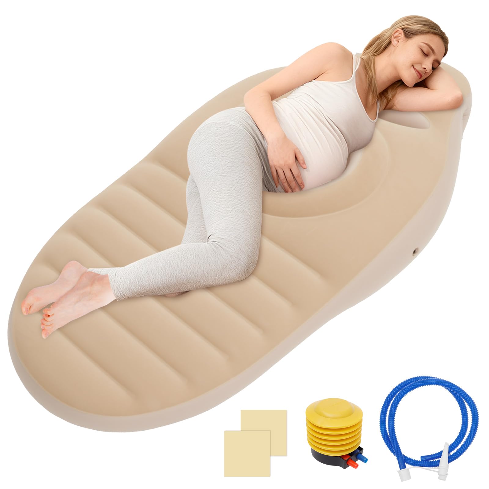 Foppla Khaki Inflatable Pregnancy Pillow Maternity Belly Pillow Full Body Prenatal Sleep Support Perforated Pvc Airbed Belly Lying Mat (With Pump) For Home Prenatal Care Travel Sleep Aid(Khaki)