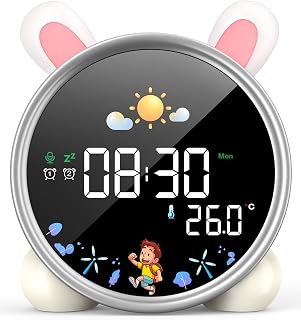 LEMNOI Despertador Infantil Con 3 Niveles de Brillo Ajustables, 5 Tipos de Luces, 7 Música Para Dormir, Recargable Con Función Snooze, Pantalla de Temperatura Para Niños