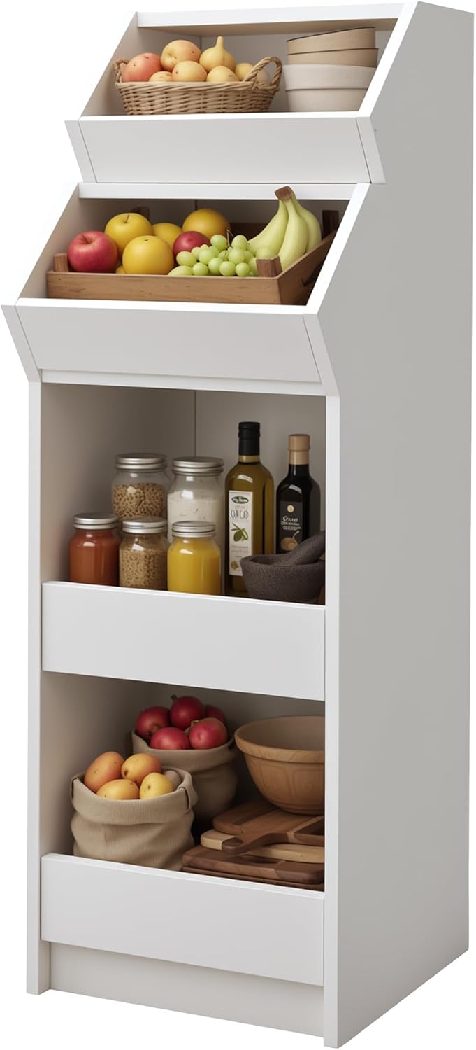 Potato Storage Bin, 4-Tier Wooden Potato and Onion Storage Bin, White Wooden Bread Box Vegetable Store Cabinet with Guard Rails, Vegetable Organizer for Kitchen Pantry and Countertop