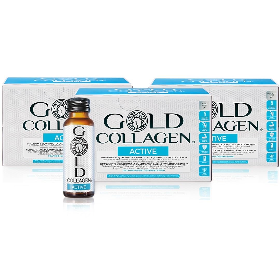 GOLD COLLAGEN Active - Collagene Integratore Liquido con Vitamina C e Glucosamina, Integratore Articolazioni al Collagene Bovino con Acido Ialuronico per Capelli Ossa Pelle, 30 Flaconi da 50 ml