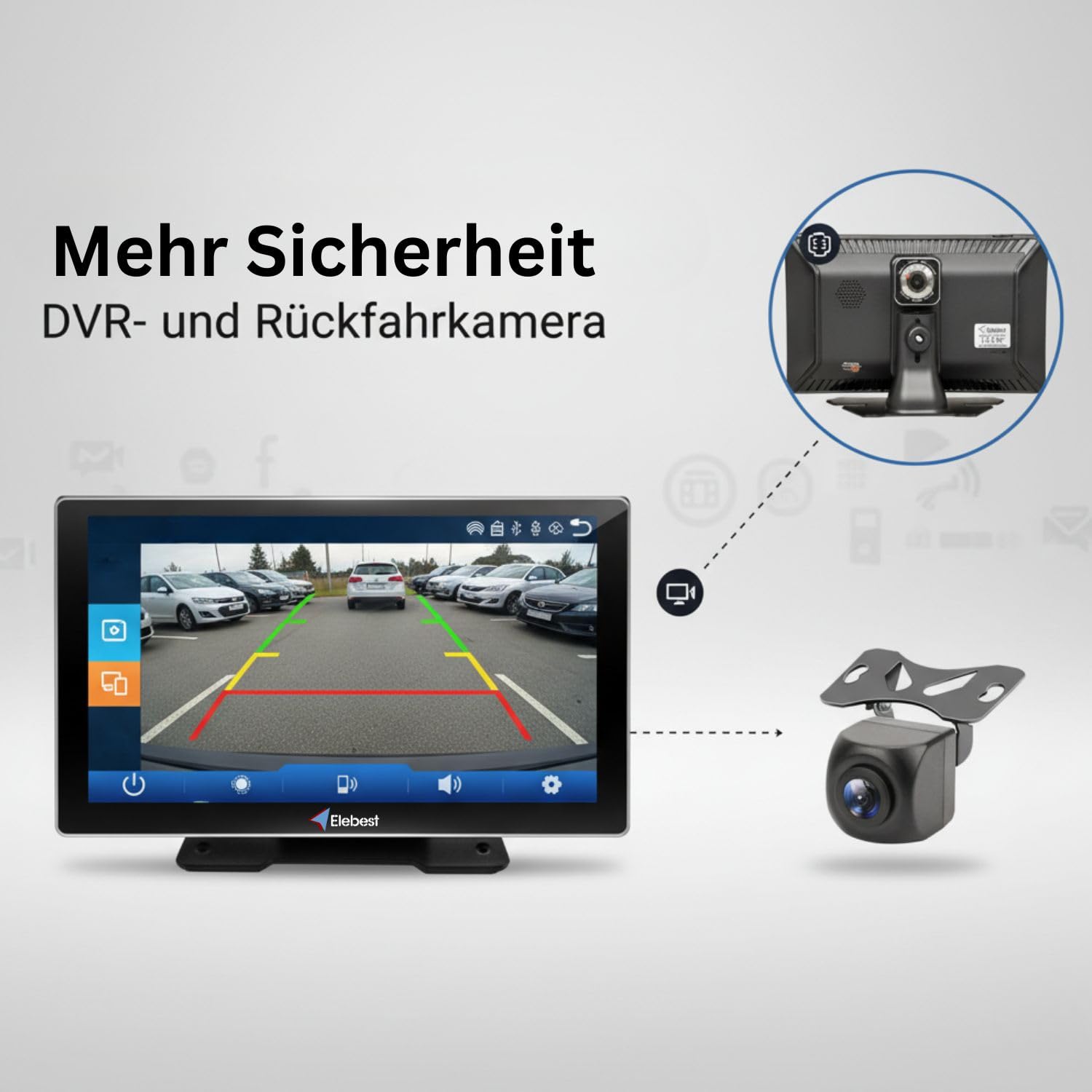 Elebest CarPlay 1090 – Kabelloses 9 Zoll Navigationssystem mit Android-Auto, Front- & Rückfahrkamera, HD-Display, GPS, Touchscreen, Dashcam, Bluetooth & Sprachsteuerung – Universell für Auto