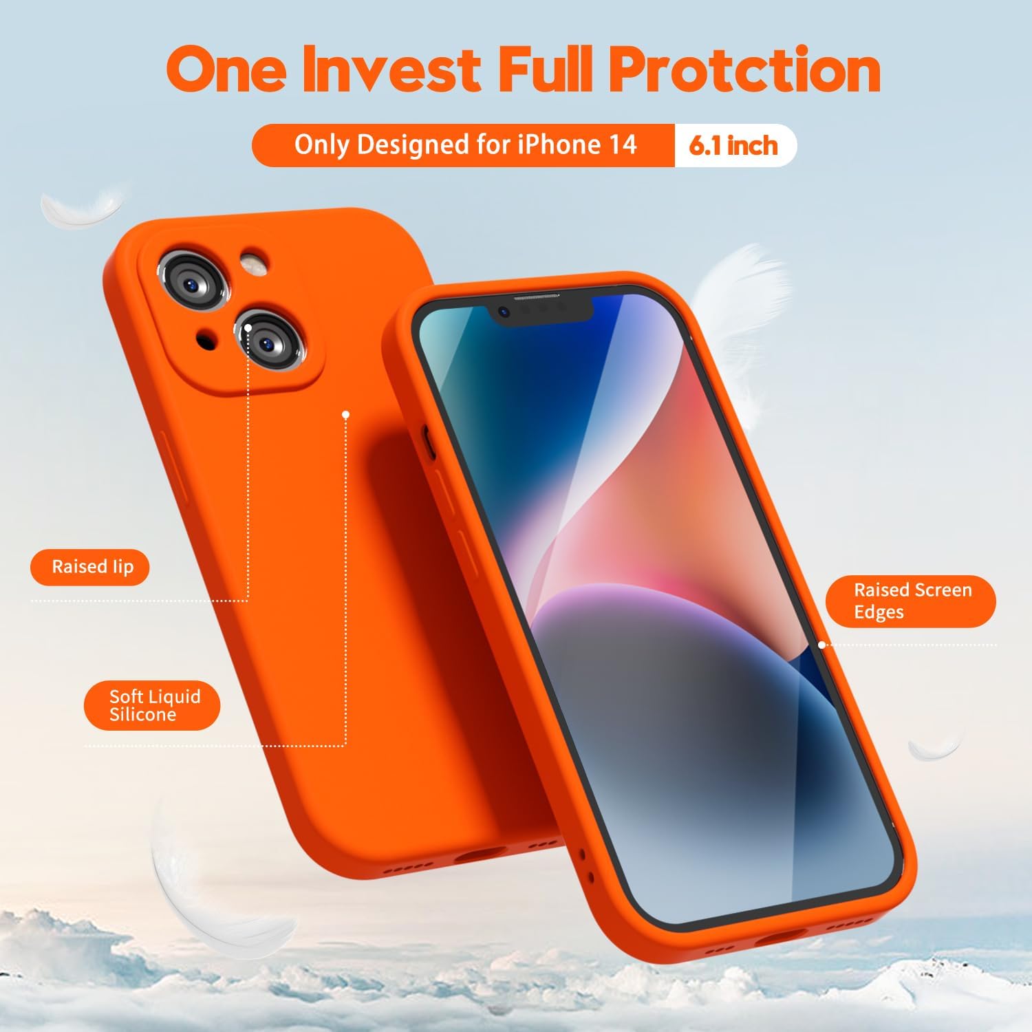 oakxco for iPhone 14 Phone Case Liquid Silicone, Fluorescent Bright Solid Color, Cute Thin Slim Soft Rubber TPU Plain Smooth Gel Matte Protective Cover for Women Girl, Burnt Neon Orange - Image 3