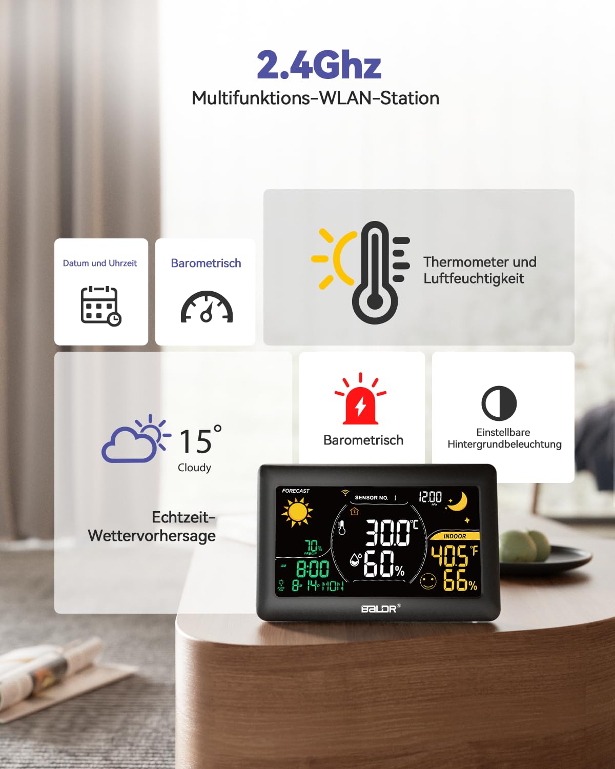 BALDR WLAN-Wetterstation mit App, 7,5-Zoll-Farbdisplay, 3 drahtlose Sensoren, kabellose Wetterstation für drinnen und draußen mit Echtzeit-Internetvorhersage