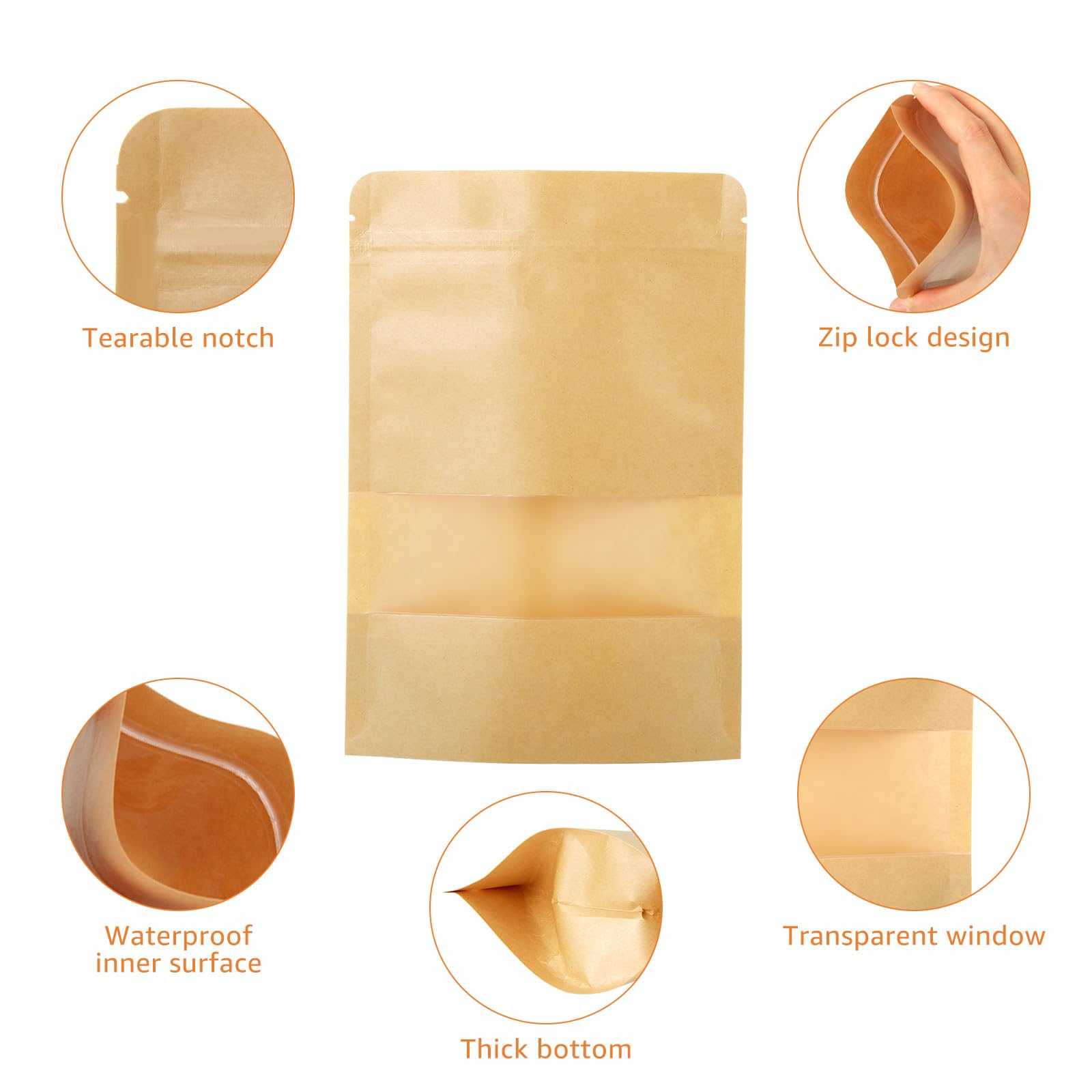 Lot de 200 sacs en papier kraft avec fenêtre - 14 x 20 x 4 cm - Sacs refermables - Étanche - Fermeture éclair - Convient pour fruits secs, graines de thé, noix, grains de café - Marron