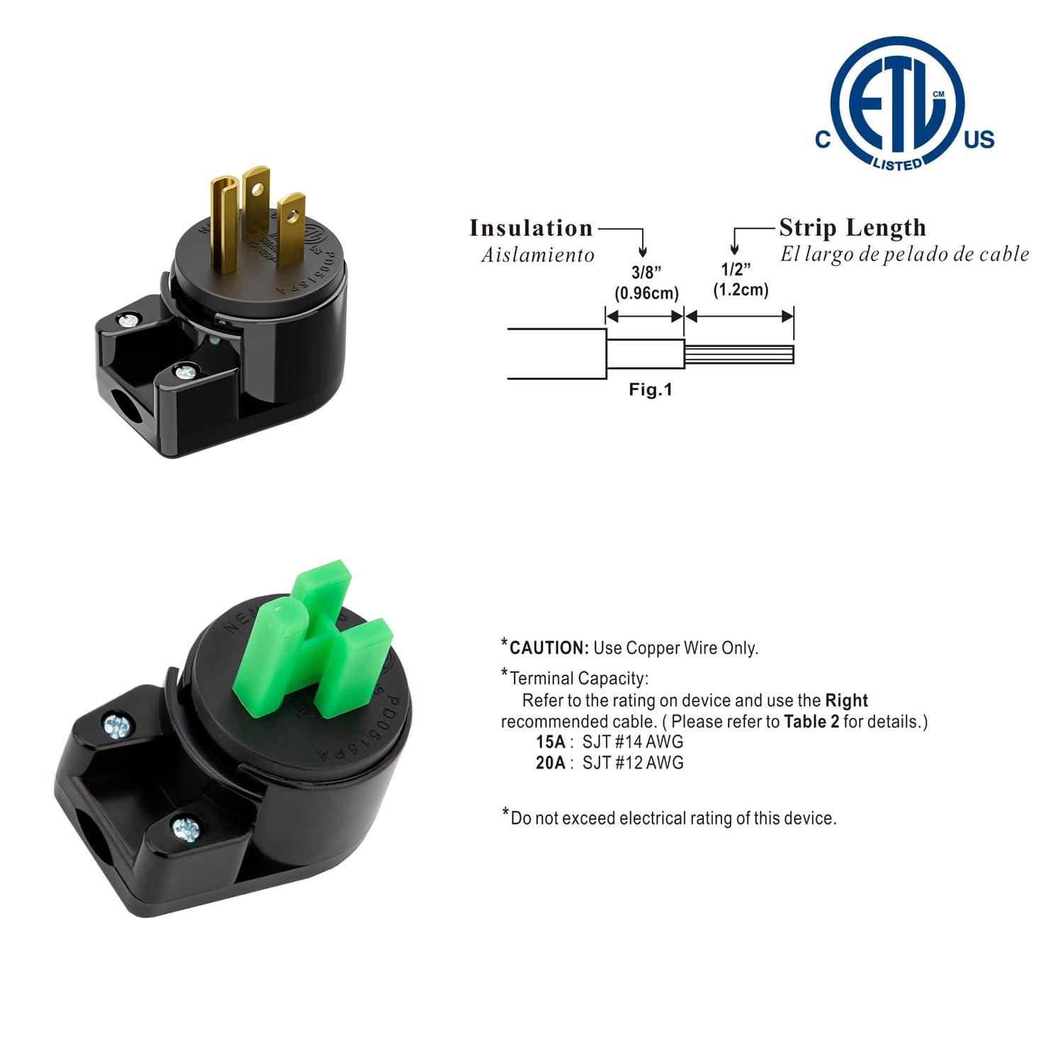 Pack De 3 Fiches US Coudées à 90° - Nema 5-15P, 15A 125V, Angle Droit, Noir, Pour Câbles D'alimentation