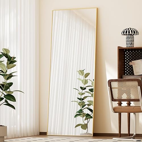 BEAUTYPEAK Full Length Mirror with Stand, 56"x21" Floor Mirror with Aluminum Alloy Thin Frame, ShatterVue Tempered Full Body Mirror, Free Standing or Wall-Mounted Mirror for Living Room, Gold - 56"L x 21"W - Gold