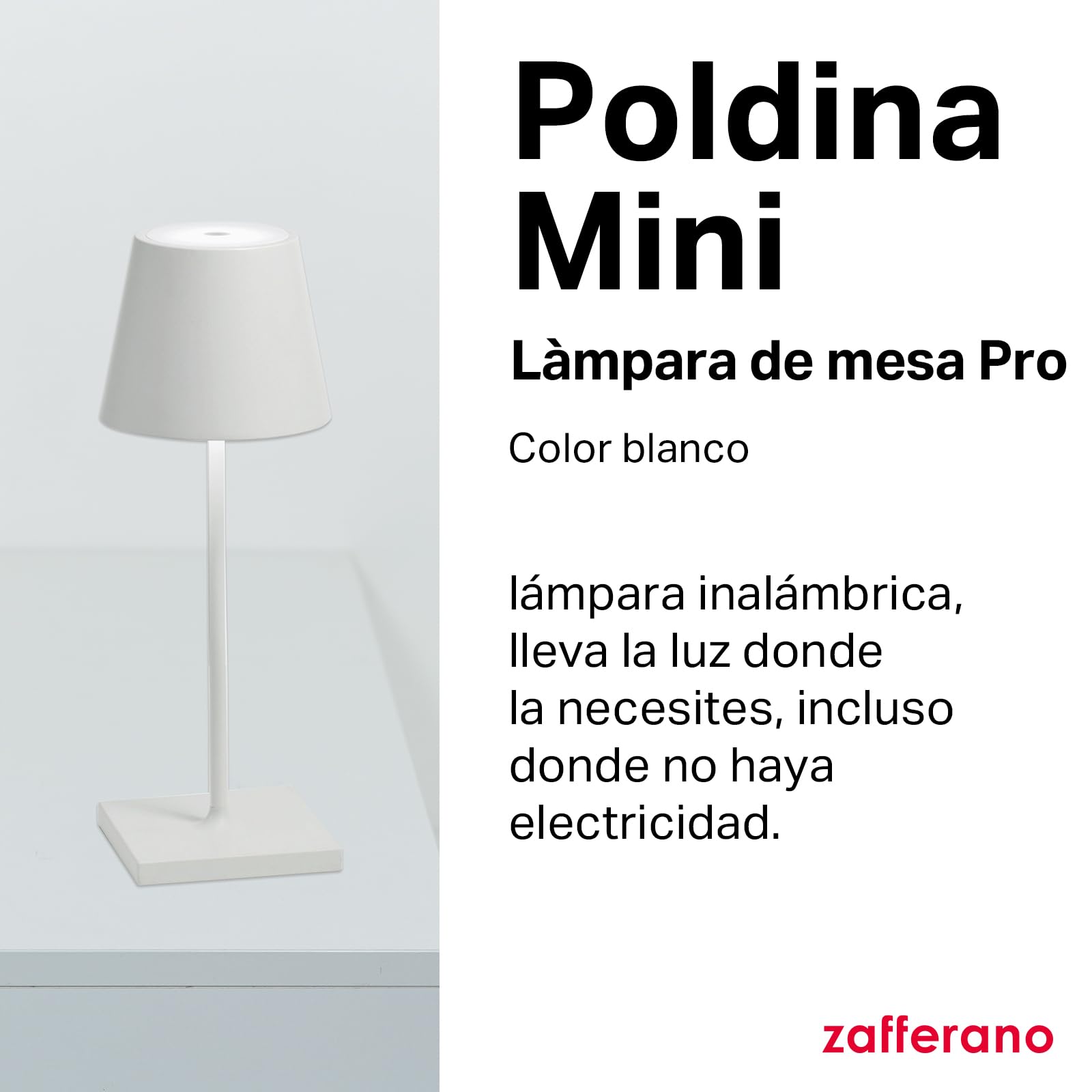 Zafferano, Poldina Pro Mini, Lámpara de Mesa Recargable e Inalámbrica con Control Táctil, También Adecuada como Lámpara de Exterior, Atenuador, 2200-3000 K, Altura 30 cm, Color Blanco